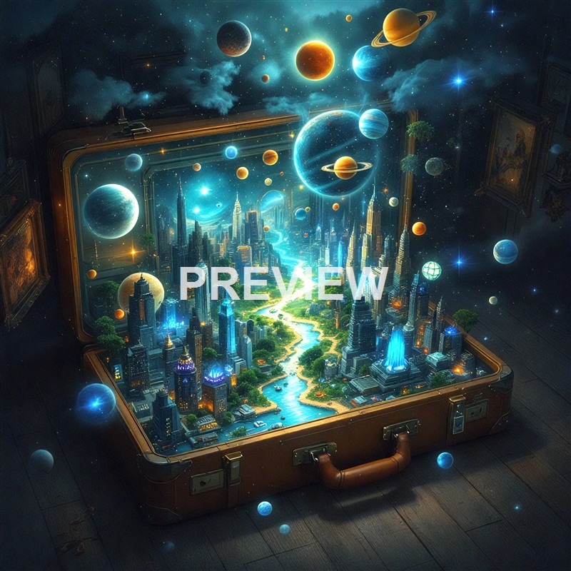 The image depicts a miniature cityscape inside an open suitcase, with a vibrant, glowing river running through skyscrapers, surrounded by a cosmic background featuring planets, stars, and nebulae.